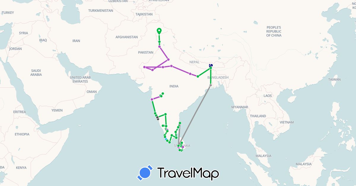 TravelMap itinerary: driving, bus, plane, train, boat, motorbike in India, Sri Lanka (Asia)